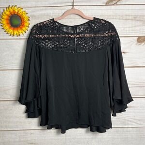 Milly Black Lace Sequin Top Silk Blend Ruffle Sleeve Blouse - Size 6